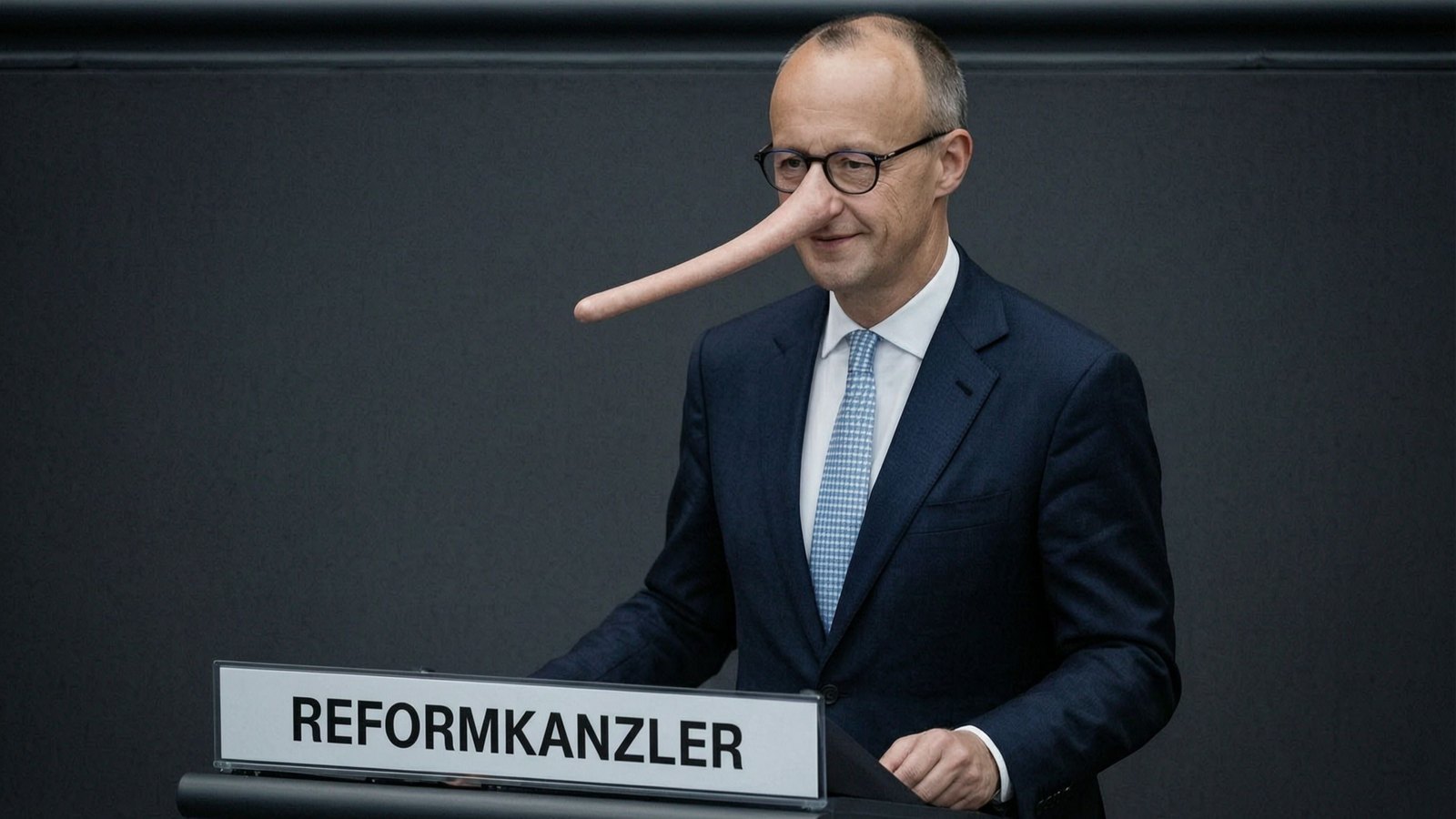 KI-Satire: Friedrich Merz als Wahrheitsfritz mit langer Pinocchio-Nase