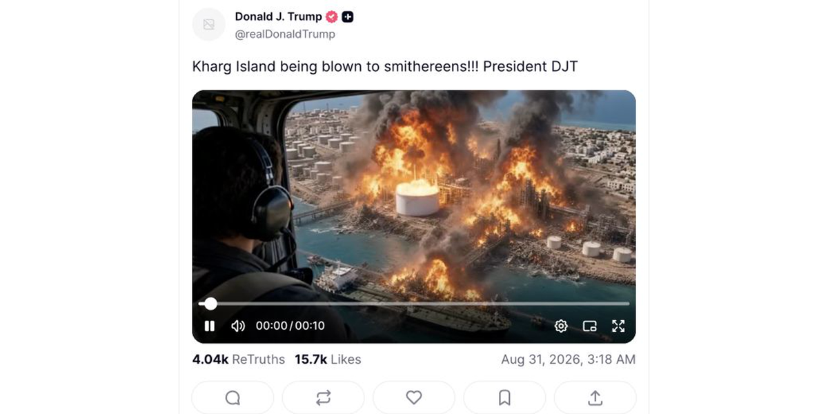 Screenshot von Donald Trumps Truth-Social-Beitrag mit einem KI-generierten Video einer brennenden iranischen Ölanlage