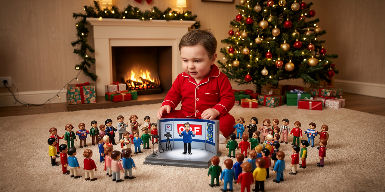 KI-Satire: Andreas Babler als Kleinkind spielt vor einem Weihnachtsbaum mit einer ORF-Miniaturbühne und applaudierenden Spielfiguren