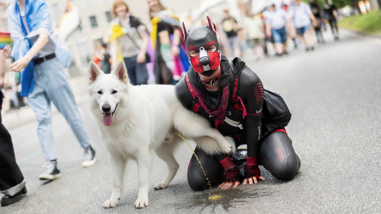 KI-Satire: Ein weißer Hund uriniert neben einem knienden Mann in Hundemaske bei einem Straßenfest
