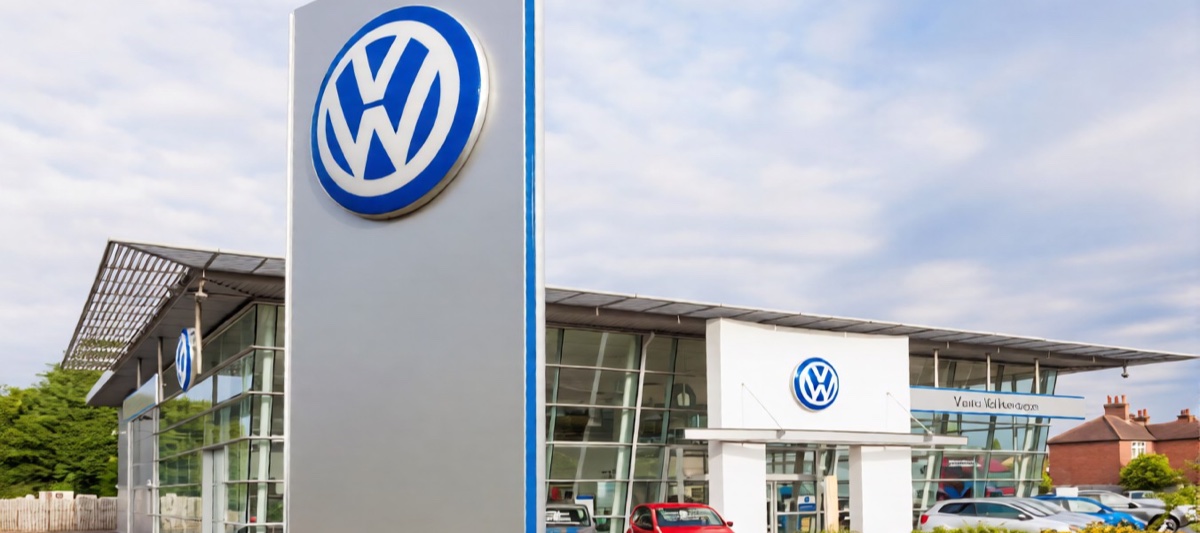 Volkswagen-Autohaus mit großem VW-Logo