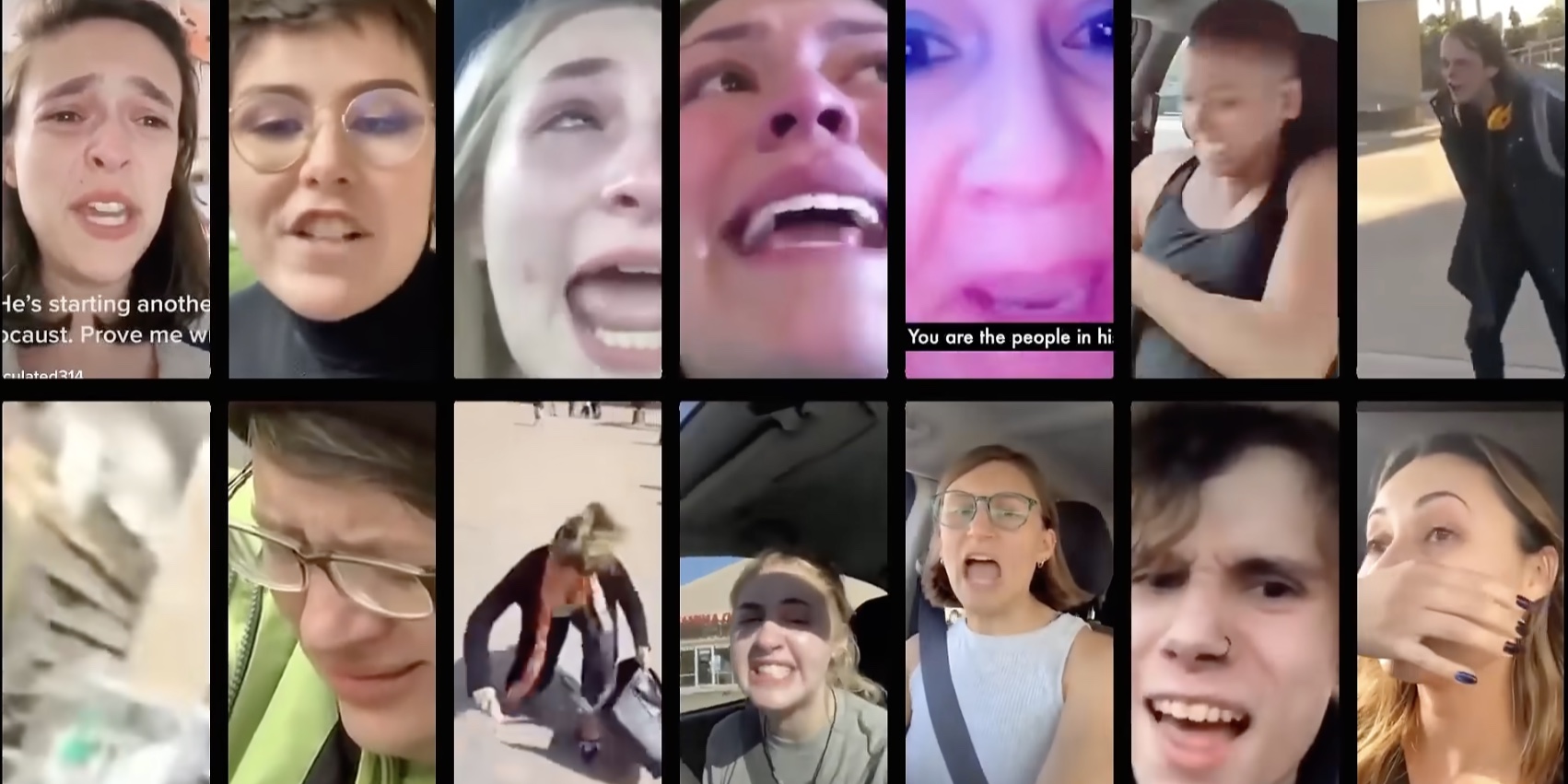 Screenshot-Montage aus zwölf stark emotional reagierenden Menschen in Social-Media-Videos